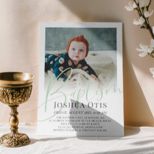 Sage Grönt Script Photo Baptism Inbjudningar