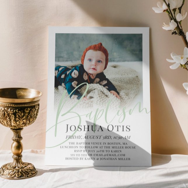 Sage Grönt Script Photo Baptism Inbjudningar (Skapare uppladdad)