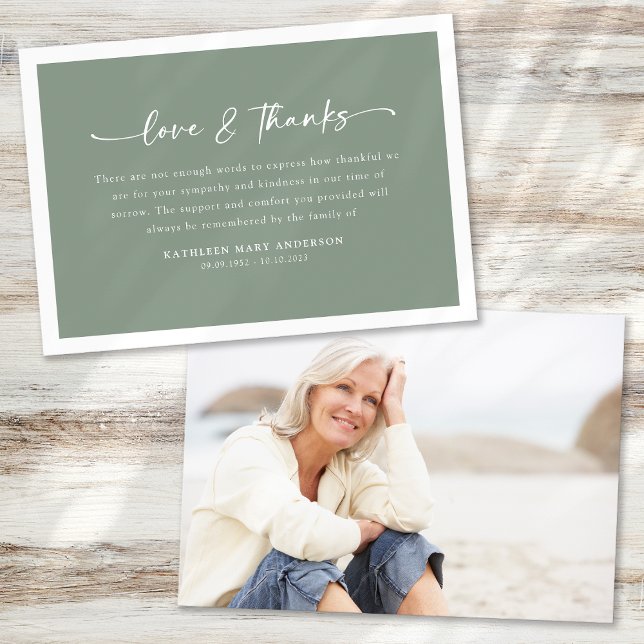 Sage Grönt Script Photo Funeral Tack Kort (Skapare uppladdad)