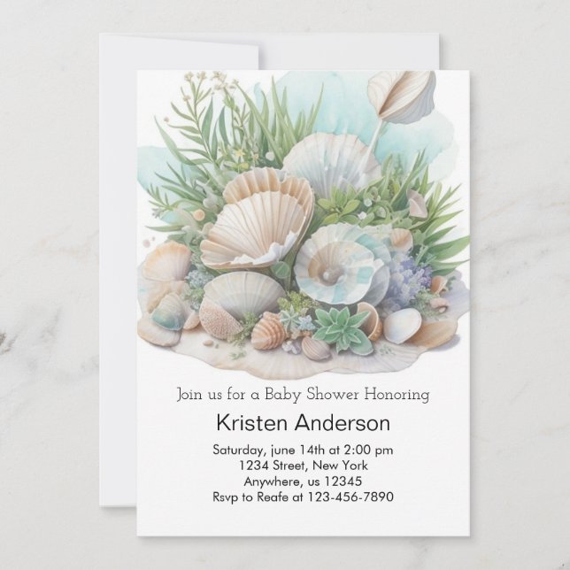 Sage Grönt Seashell Whimsical Meadow Baby Shower Inbjudningar (Framsida)