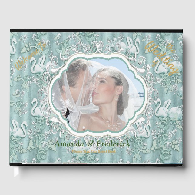 Sage grönt silke draps och flamingos-blommor gästböcker (Framsida)