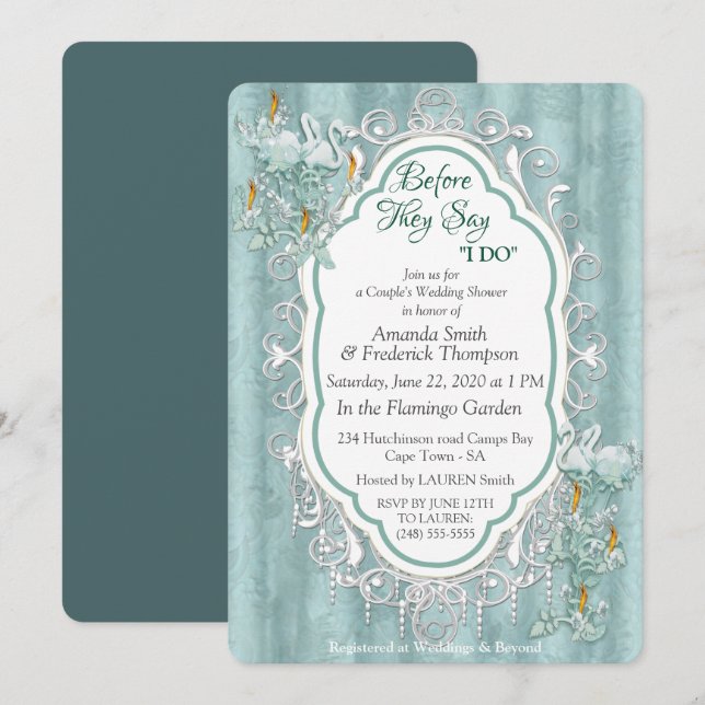 Sage grönt silke draps och flamingos-blommor inbjudningar (Fram/baksida)