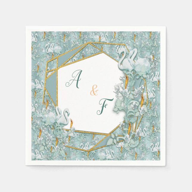 Sage grönt silke draps och flamingos-blommor pappersservett (Framsidan)