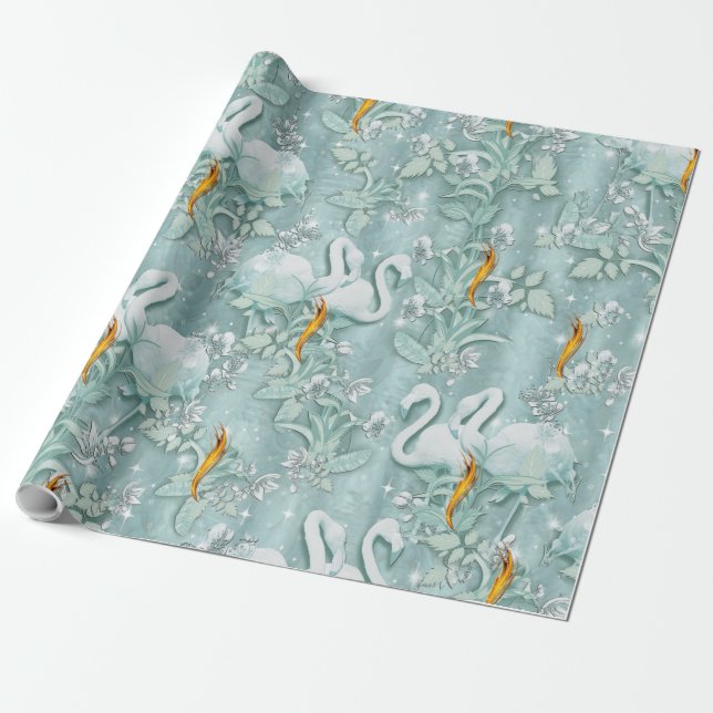 Sage grönt silke draps och flamingos-blommor presentpapper (Utrullad)