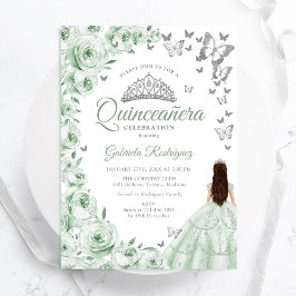 Sage Grönt Silver Blommigt Quinceanera Inbjudningar