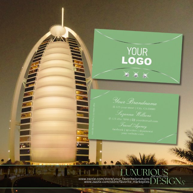 Sage Grönt Silver Dekor Gnistra Diamoner och Logot Visitkort (Skapare uppladdad)