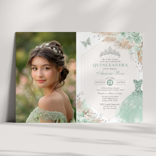 Sage Grönt Silver Quinceañera 15:e födelsedagsfoto Inbjudningar