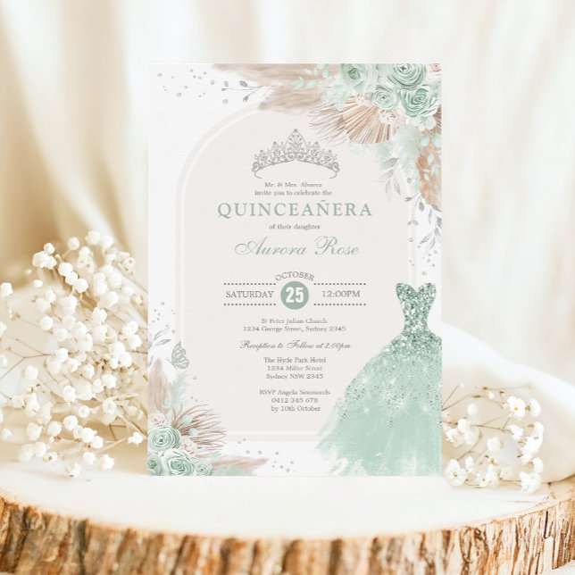 Sage Grönt Silver Quinceañera Boho 15:e födelsedag Inbjudningar (Skapare uppladdad)