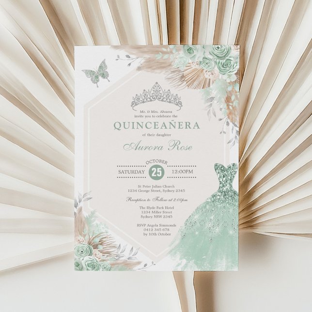 Sage Grönt Silver Quinceañera Boho Blommigt Birthd Inbjudningar (Skapare uppladdad)