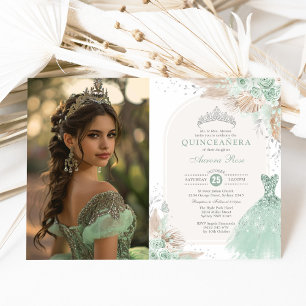 Sage Grönt Silver Quinceañera Boho Princess Photo Inbjudningar