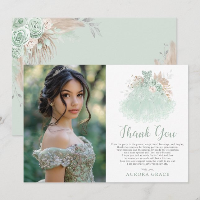 Sage Grönt Silver Quinceañera Dress Birthday Photo Tack Kort (Fram/baksida)