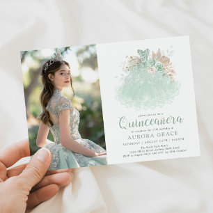 Sage Grönt Silver Quinceañera Princess Dress Photo Inbjudningar