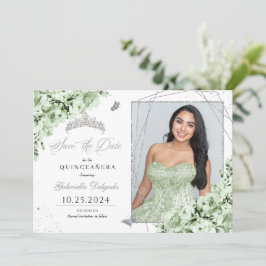 Sage Grönt Silver Quinceañera Spara datumfoto Inbjudningar