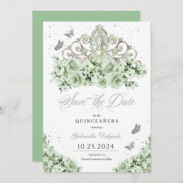 Sage Grönt Silver Tiara Spara datum Quinceañera Inbjudningar (Fram/baksida)