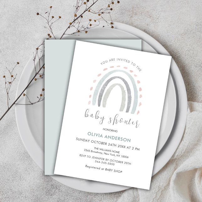 Sage Grönt Simple Boho Rainbow Baby Shower Inbjudningar (Sage Green Simple Boho Rainbow Girl Baby Shower Invitation)