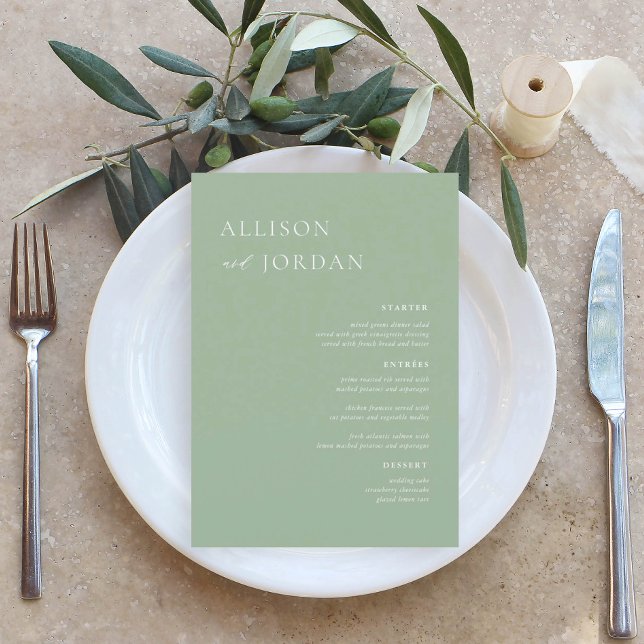 Sage Grönt Simple Bröllop Menu Cards Meny (Skapare uppladdad)