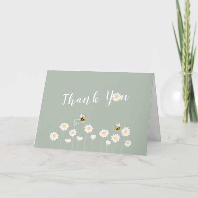 Sage Grönt Simple Daisy Blommigt Baby Shower Tack Kort (Framsida)