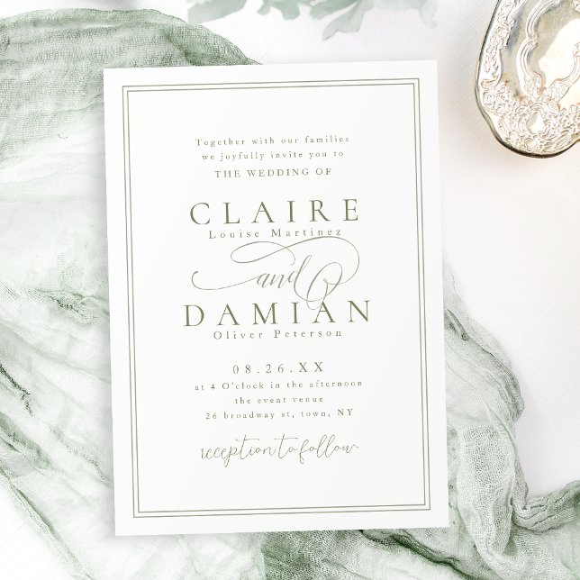 Sage Grönt Simple Elegance Romantic Script Bröllop Inbjudningar (Sage Green Simple Elegance Romantic Script Wedding Invitation)