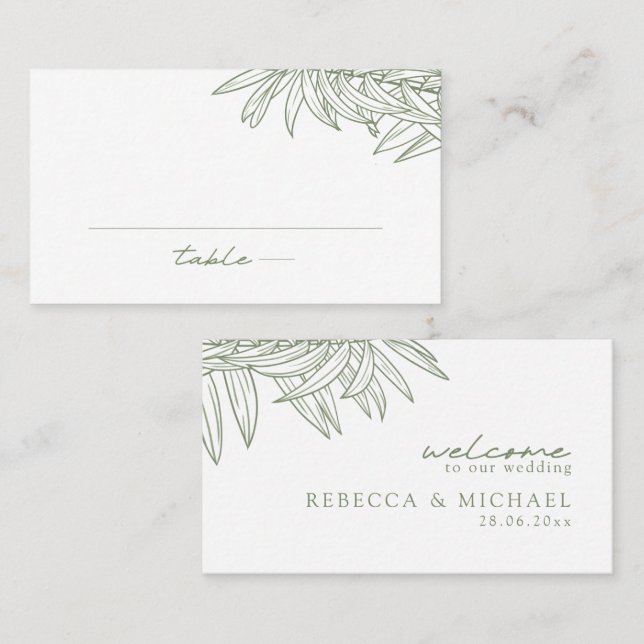 Sage Grönt Simple Hand plockade Botanical Flat Placeringskort (Fram/baksida)