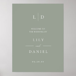 Sage Grönt Simple Monogram Bröllop Välkomsttecken Poster