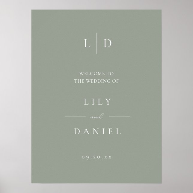 Sage Grönt Simple Monogram Bröllop Välkomsttecken Poster (Framsidan)