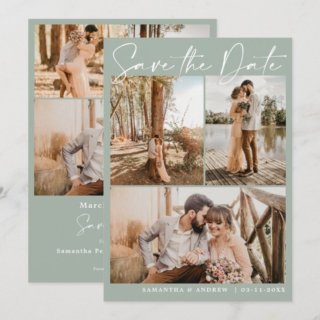 Sage-grönt, skript 6, foto bröllop spara datum datumet (Fram/baksida)