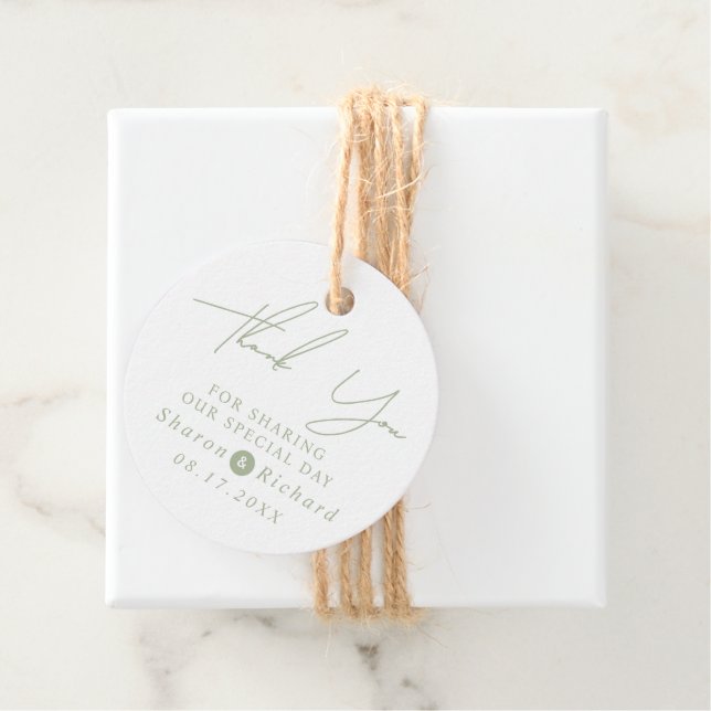 Sage grönt-skriptkalligrafi Tack bröllop Gåvor Etiketter (På plats)