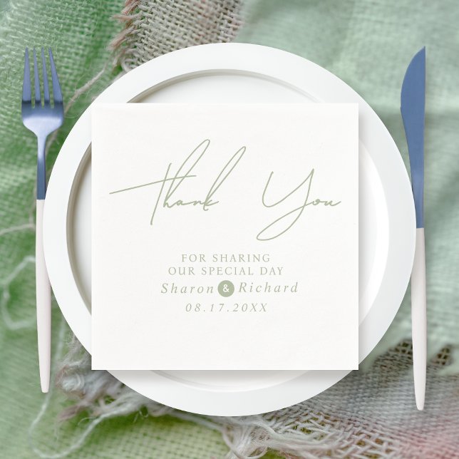 Sage grönt-skriptkalligrafi Tack bröllop Pappersservett (Skapare uppladdad)