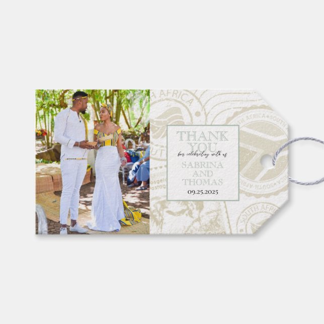 Sage Grönt South Afrika Bröllop Photo Gift-Märkre Presentetikett (Framsidan (Horisontell))