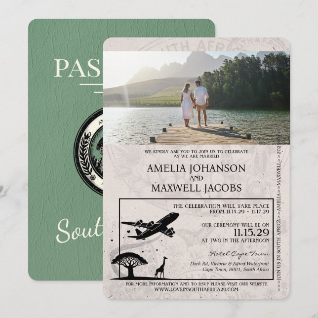 Sage Grönt South Afrika Passport Bröllop Inbjudningar (Fram/baksida)