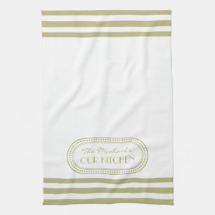 Sage Grönt Sporty Rand Mönster Monogram Kökshandduk