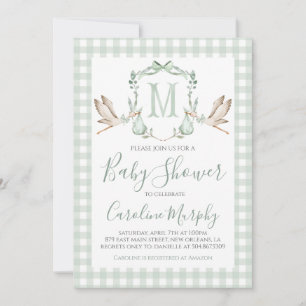 Sage Grönt Stork Baby Shower Preppy Gingham Inbjudningar