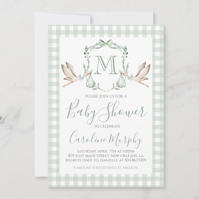 Sage Grönt Stork Baby Shower Preppy Gingham Inbjudningar (Framsida)