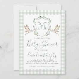 Sage Grönt Stork Baby Shower Preppy Gingham Inbjudningar