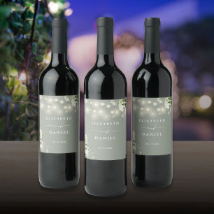 Sage Grönt String Ljus Blommigt Greenery Bröllop Vinflaska Etikett