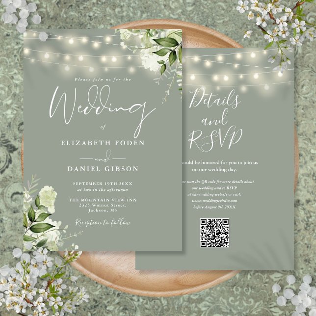 Sage Grönt String Ljus Blommigt QR-kod Bröllop Inbjudningar (Sage Green String Lights Floral QR Code Wedding Invitation)