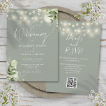 Sage Grönt String Ljus Blommigt QR-kod Bröllop Inbjudningar<br><div class="desc">Den här inbjudan till grönt för elegant-byte,  som innehåller söt string ljus och blommigt greenery,  kan vara personlig med din information i chic typografi med din webbplatsinformation för bröllop och din QR-kod på andra sidan. Designad av Thisisnotme©</div>