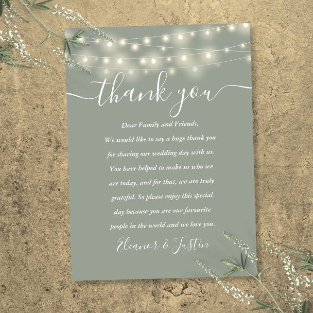 Sage Grönt String Ljus Bröllop Tack Ställe Placeringskort (Sage Green String Lights Wedding Thank You Place Place Card)