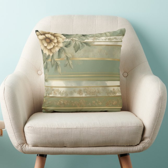 Sage grönt stripe guld-blommans baroque kudde (Skapare uppladdad)