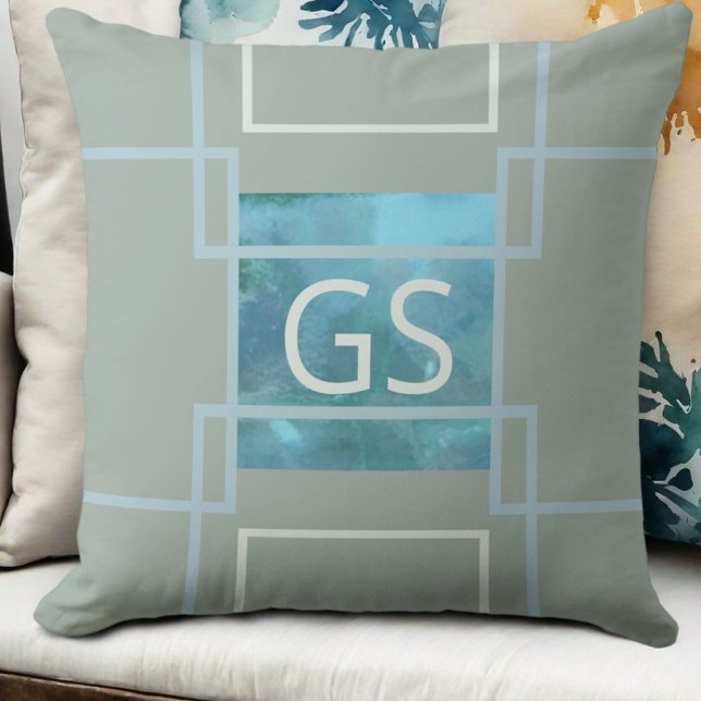 Sage grönt teal blue monogram vattencolor modern kudde (Skapare uppladdad)