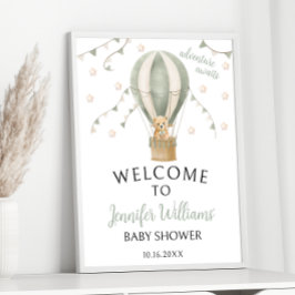Sage Grönt Teddy Balloon Baby Shower Välkomstskylt Poster