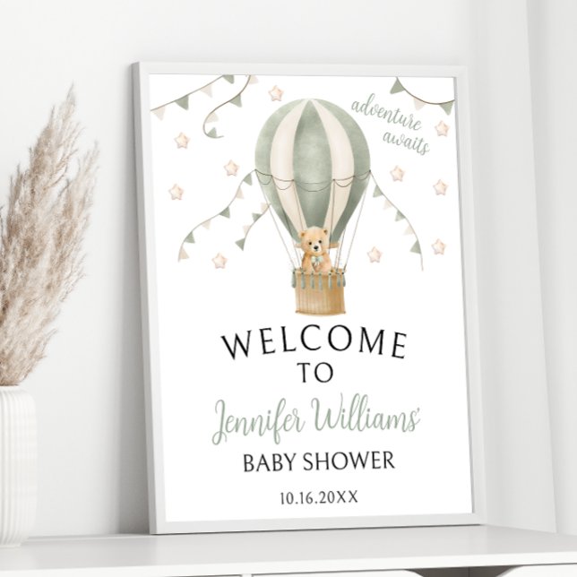 Sage Grönt Teddy Balloon Baby Shower Välkomstskylt Poster (Skapare uppladdad)