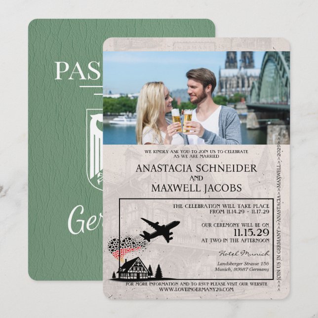 Sage Grönt Tyskland Passport Wedding-inbjudan Inbjudningar (Fram/baksida)