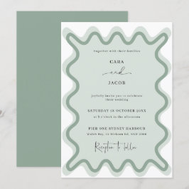 Sage Grönt Vågigt Gräns bröllopsinbjudan Inbjudningar