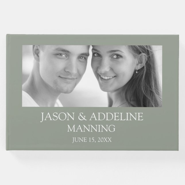 Sage Grönt valfri Photo Black White Bröllop Gästböcker (Framsida)