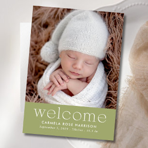 Sage Grönt Välkommen Baby Photo Birth Meddelande
