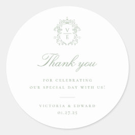 Sage Grönt Vapensköld Monogram Bröllop Tack Runt Klistermärke