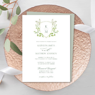 Sage Grönt Vapensköld Monogram Modern Greenery Brö Inbjudningar