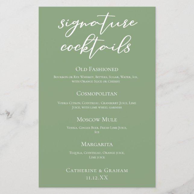 Sage Grönt Vår bröllop Namnteckning Cocktails Menu (Framsida)