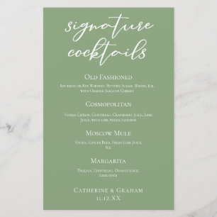 Sage Grönt Vår bröllop Namnteckning Cocktails Menu